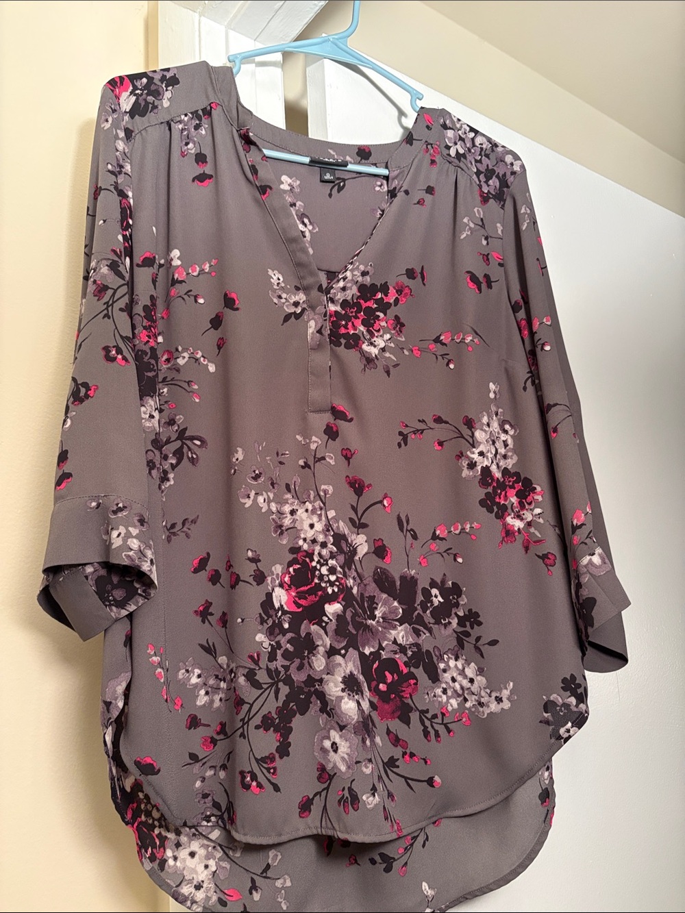 Floral Split-Neck Tunic in Taupe with Pink Accents